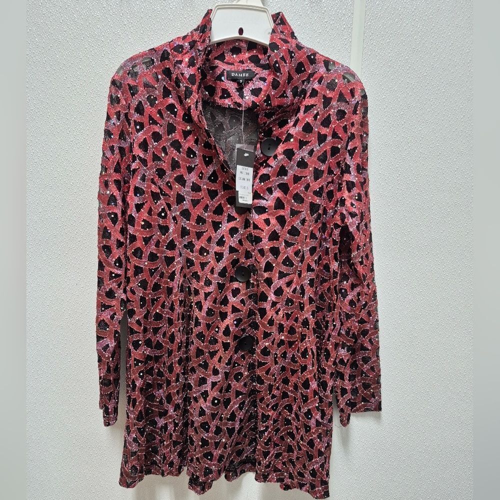 Damee Holographic Scale Mesh Flare Jacket Red Small Nwt Wired Collar